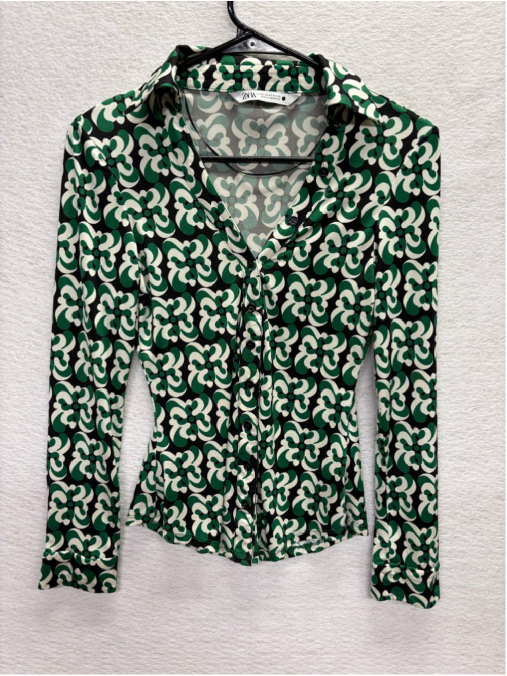 Zara XS Green Black Cream Retro Floral Button Down Blouse Stretch Mod 70s